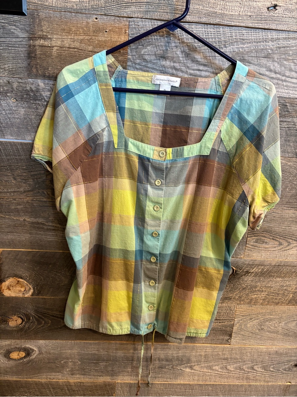 Christopher & Banks Multi-Color Plaid Button-Front Square-Neck Top